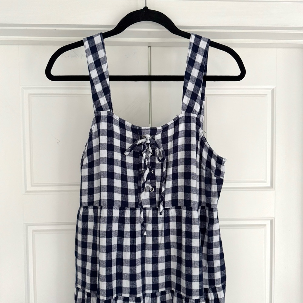 Who What Wear Sleeveless Lace-Up Dress in Navy Gingham, Medium - Picture 3 of 10